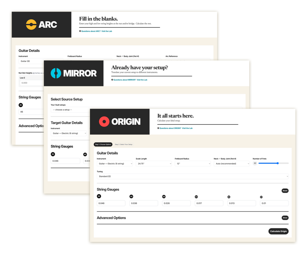 Screenshots of Origin, Mirror, and Arc