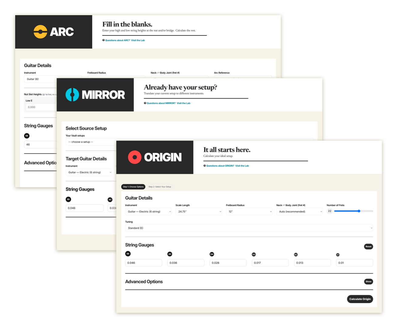 Screenshots of Origin, Mirror, and Arc